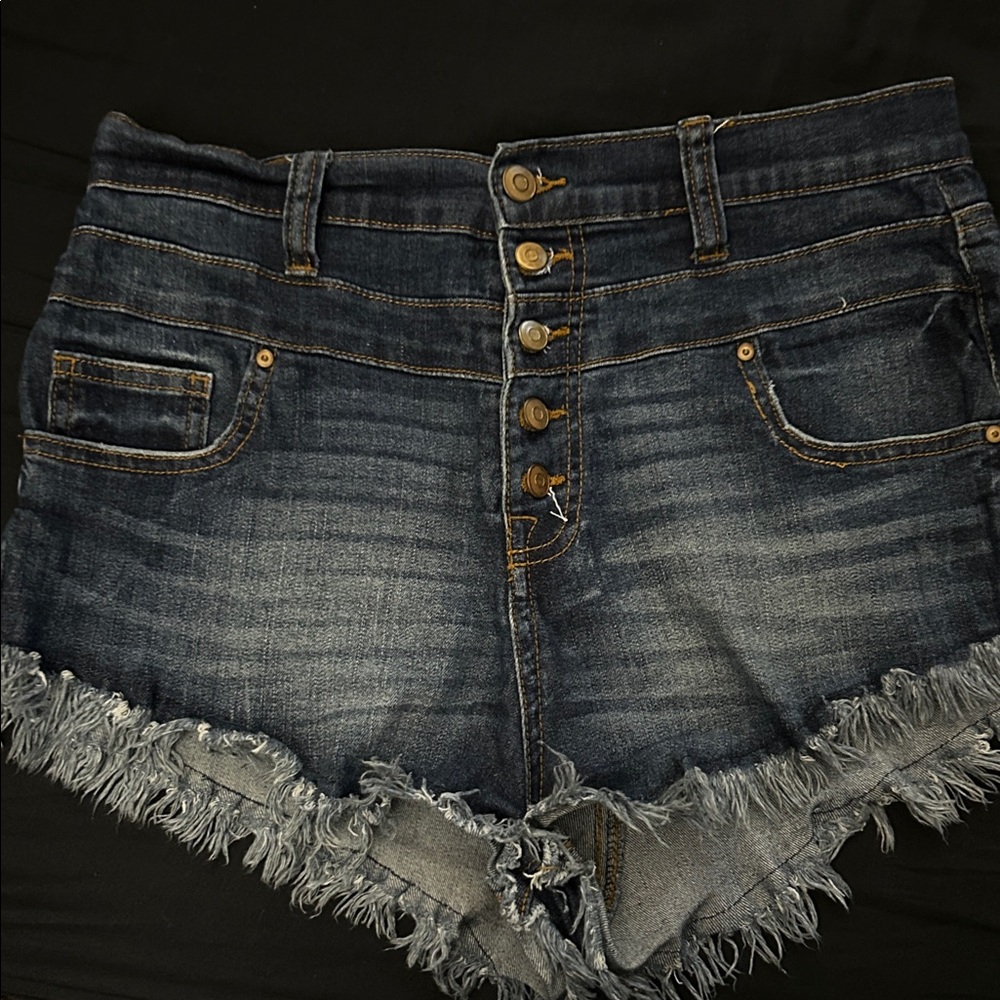 No Boundaries Dark Blue Frayed Jean Shorts